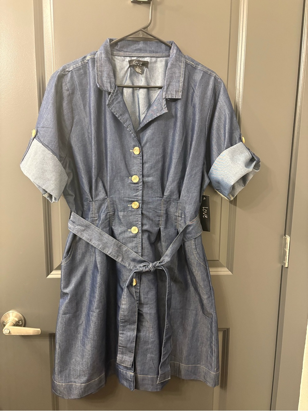 Love Blue Chambray Shirt Midi Dress with Tie Waist